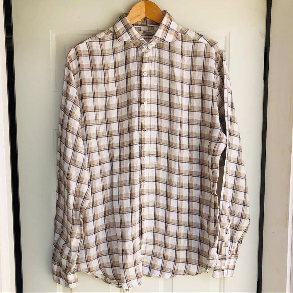 H.E Shirt Size M Plead Checks Slim Fit 100% linen